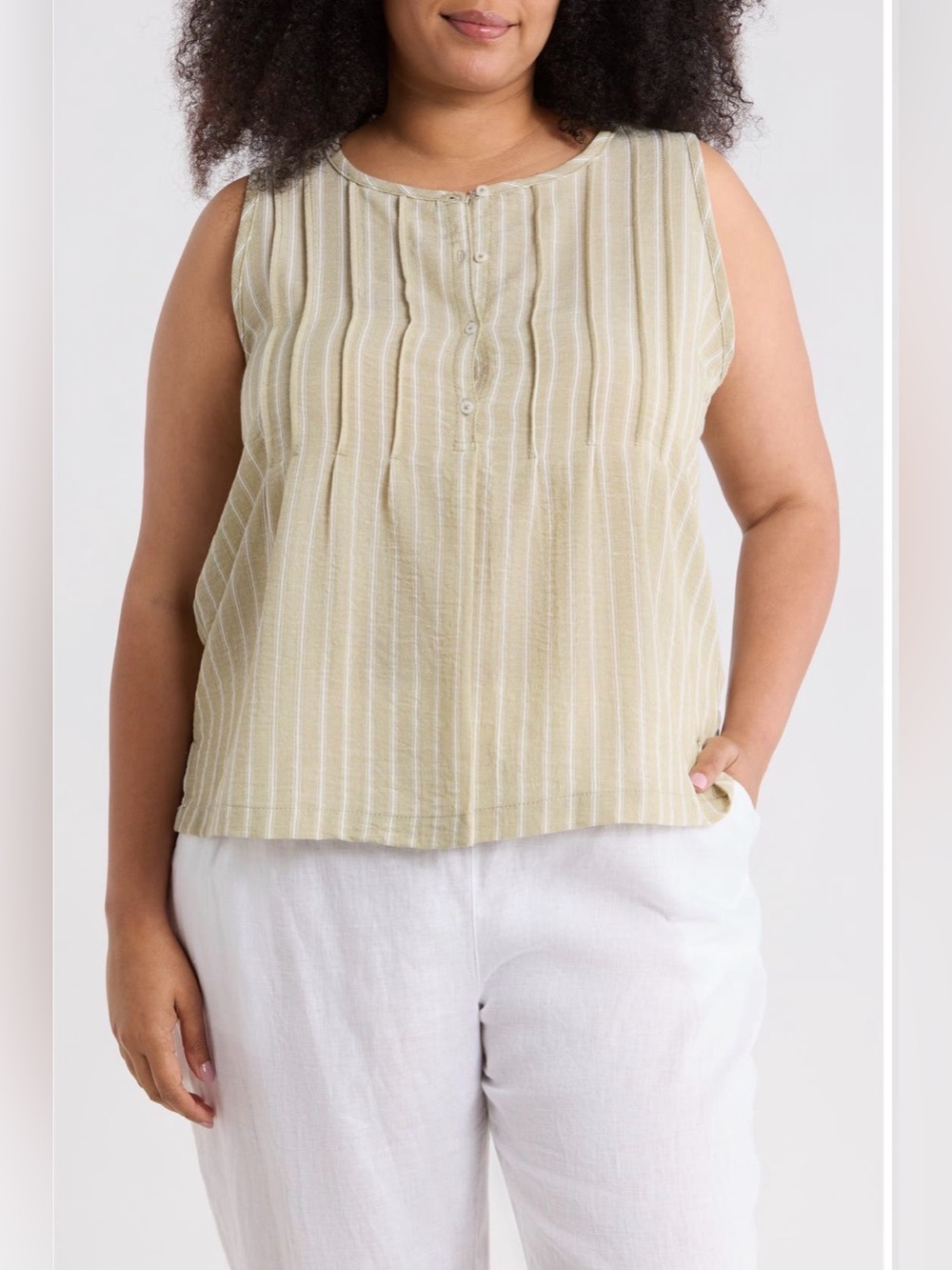 Max Studio Stripe Pintucked Sleeveless Top- Sage/White Stripes